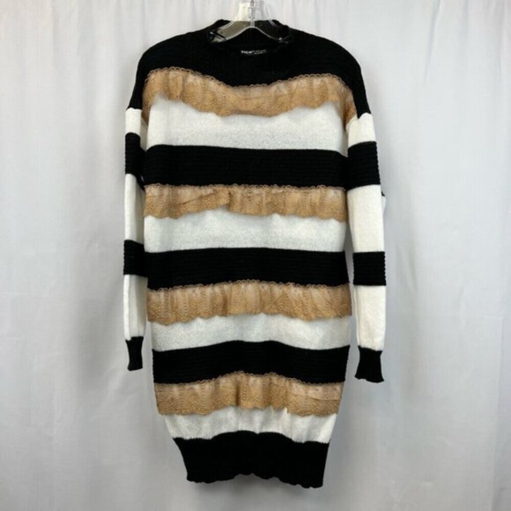 Shein Womens Sweater Dress Multicolor Striped Lace Crew Neck Long Sleeve Knit L